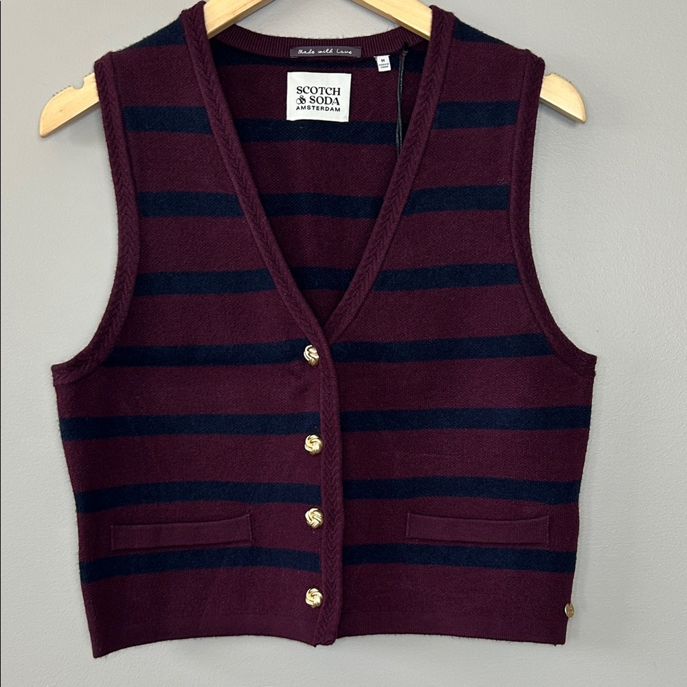 Scotch & Soda Maroon and Navy Striped Vest Size Medium Gold‎ Button Detail NWT
